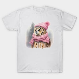 Adorable cute owl wearing a pink hat and scarf T-Shirt